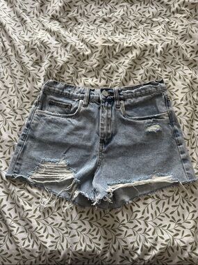 High-Rise Light Blue Distressed Denim Shorts